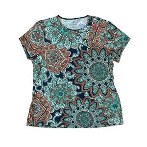 Lands' End Teal and Orange Paisley Short Sleeve Top Sun Protection Swim Outdoor